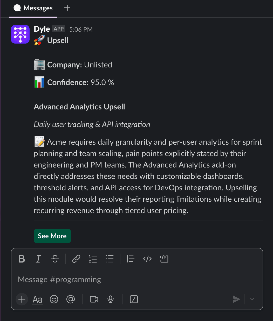 Slack integration screenshot
